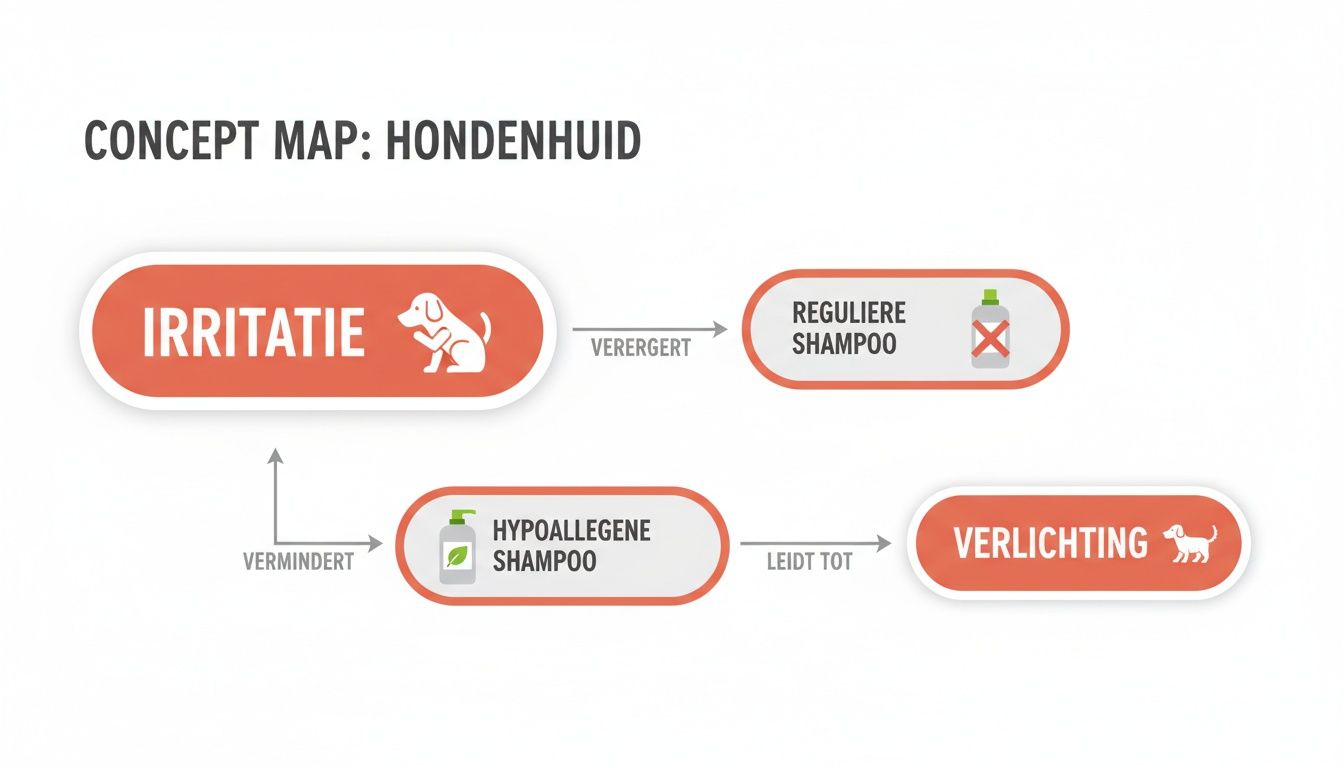 Conceptmap over hondenhuid. Reguliere shampoo verergert irritatie, terwijl hypoallergene shampoo irritatie vermindert en verlichting biedt.
