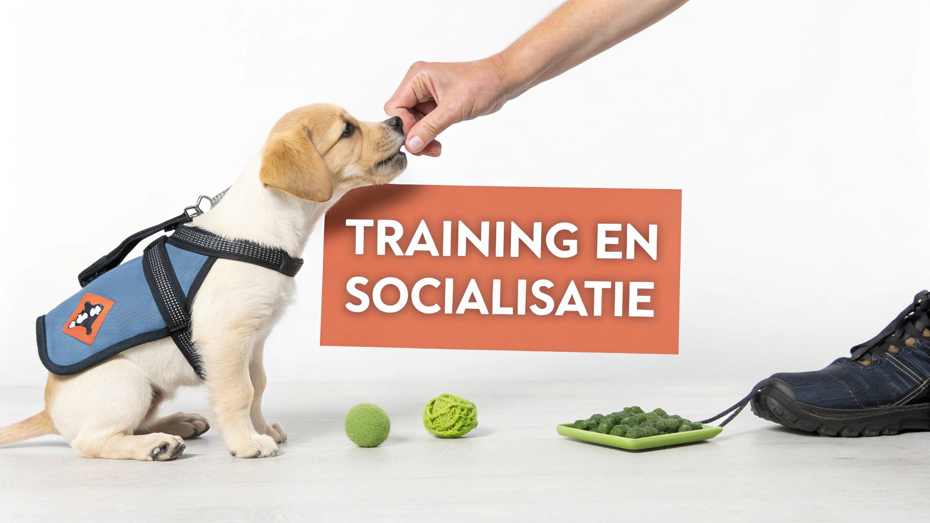 Een schattige puppy in een blauw harnas krijgt een traktatie van een hand, met tekst 'TRAINING EN SOCIALISATIE'.