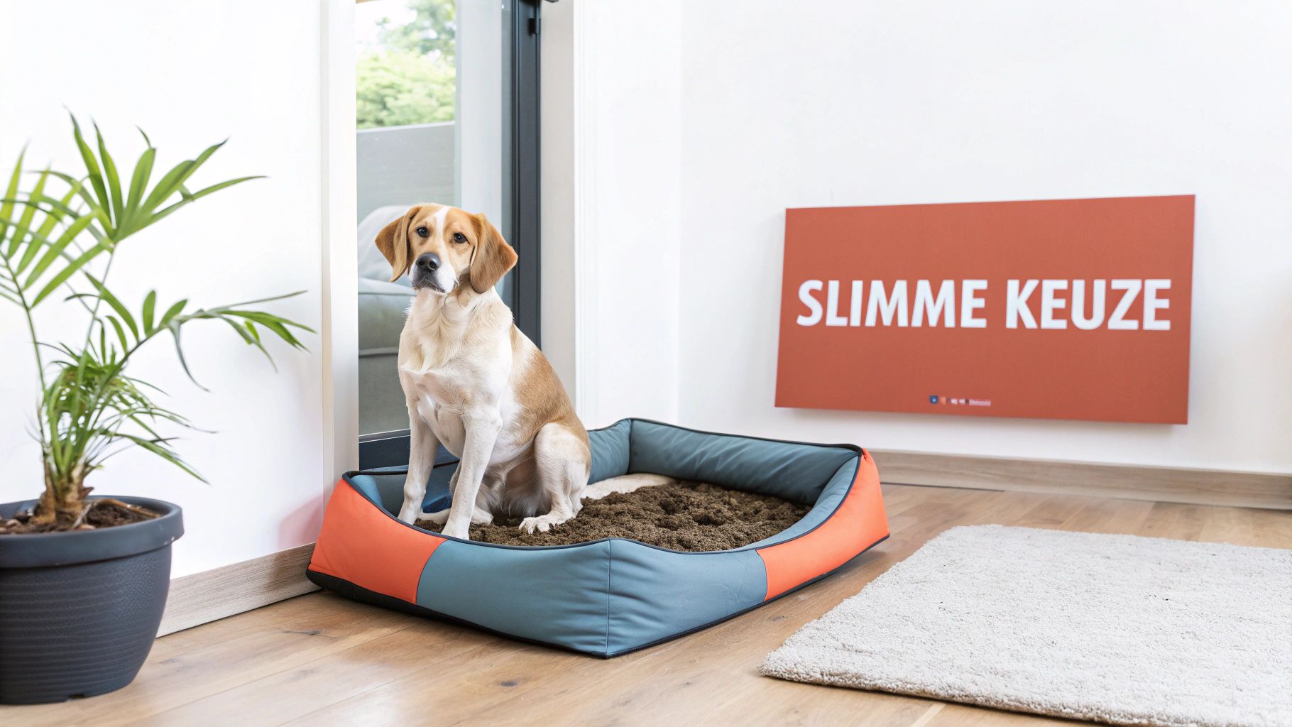 Een hond zit in een hondenmand gevuld met aarde, in een lichte ruimte naast een plant en een reclamebord.