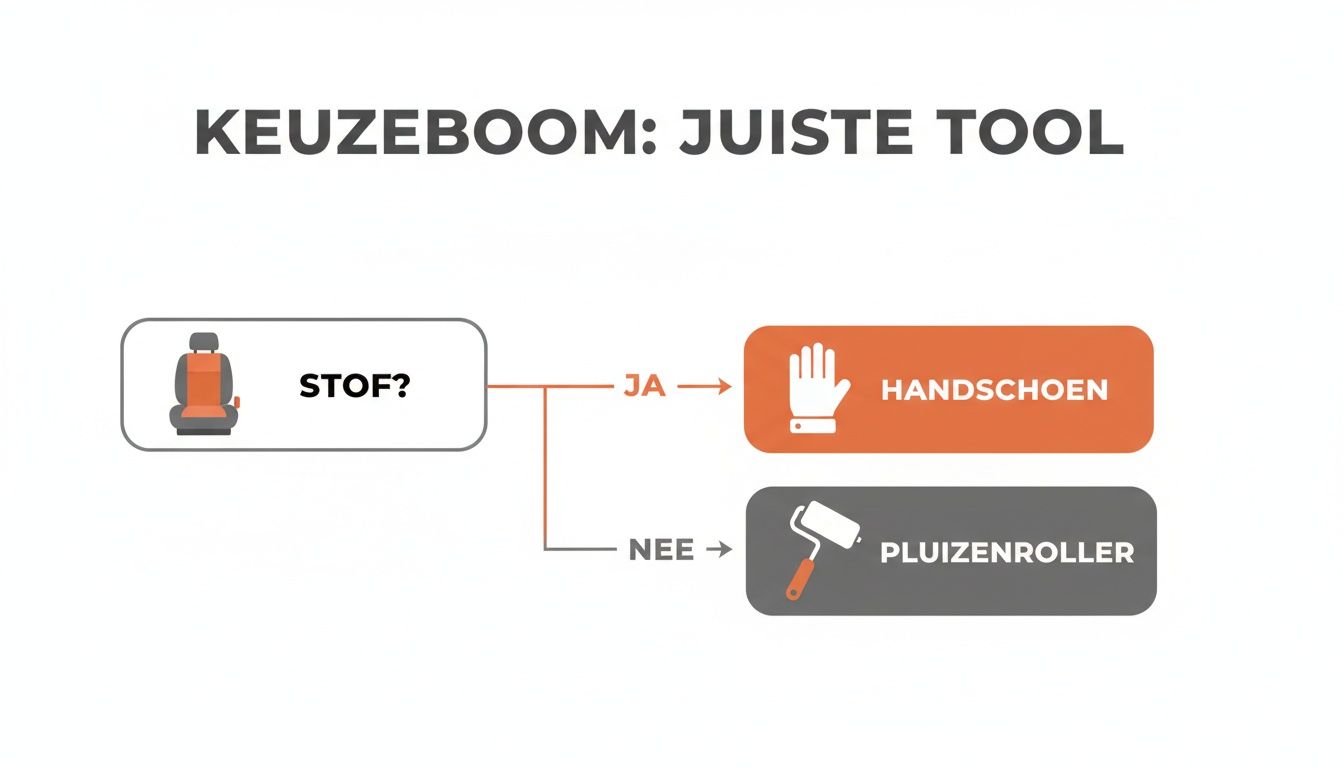 Beslisboom voor het kiezen van het juiste hulpmiddel om hondenharen te verwijderen uit een autointerieur.