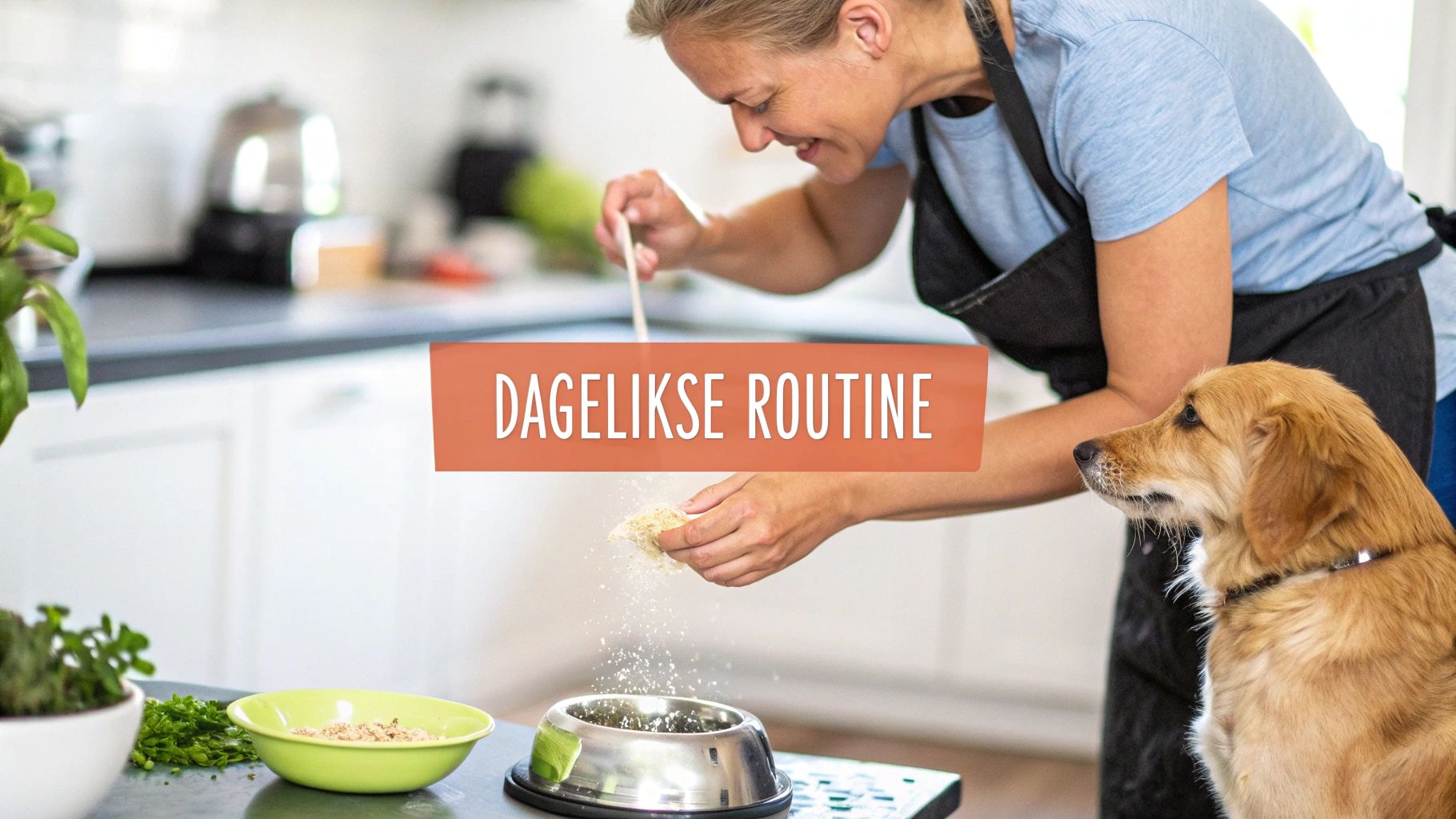 Vrouw bereidt hondenvoer in een keuken, met een hond die geduldig toekijkt. Tekst: Dagelijkse Routine.