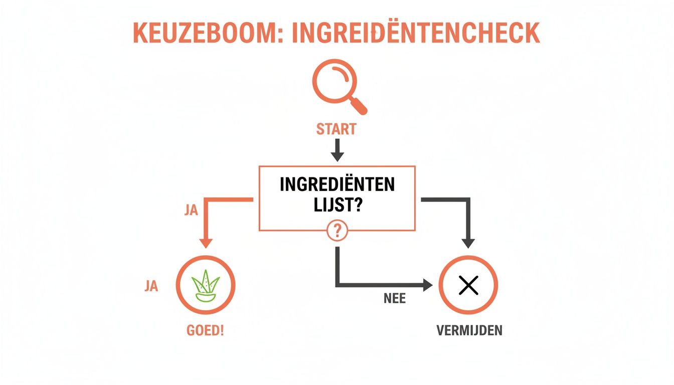 Stroomdiagram voor ingrediëntencheck: START, ingrediëntenlijst aanwezig? Ja is GOED, Nee is VERMIJDEN.