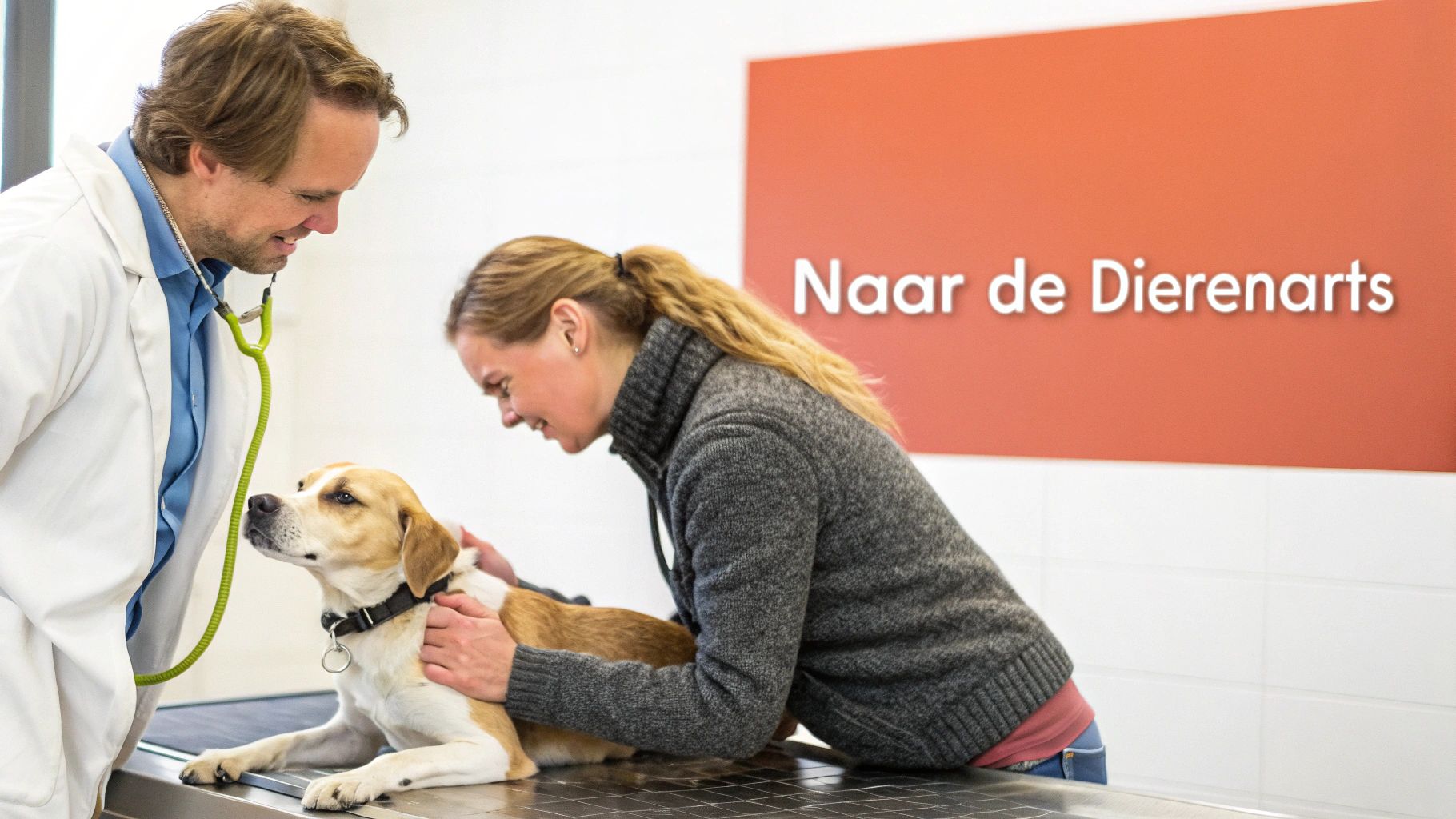 Een glimlachende dierenarts onderzoekt een hond met een stethoscoop, terwijl de eigenaar de hond troost. Op de achtergrond staat 'Naar de Dierenarts'.