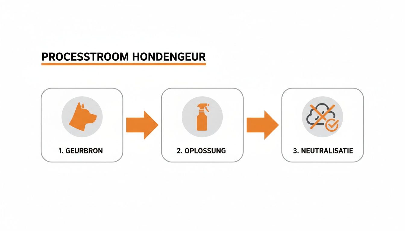 Een infographic toont de processtroom voor het neutraliseren van hondengeur in drie stappen: geurbron, oplossing en neutralisatie.