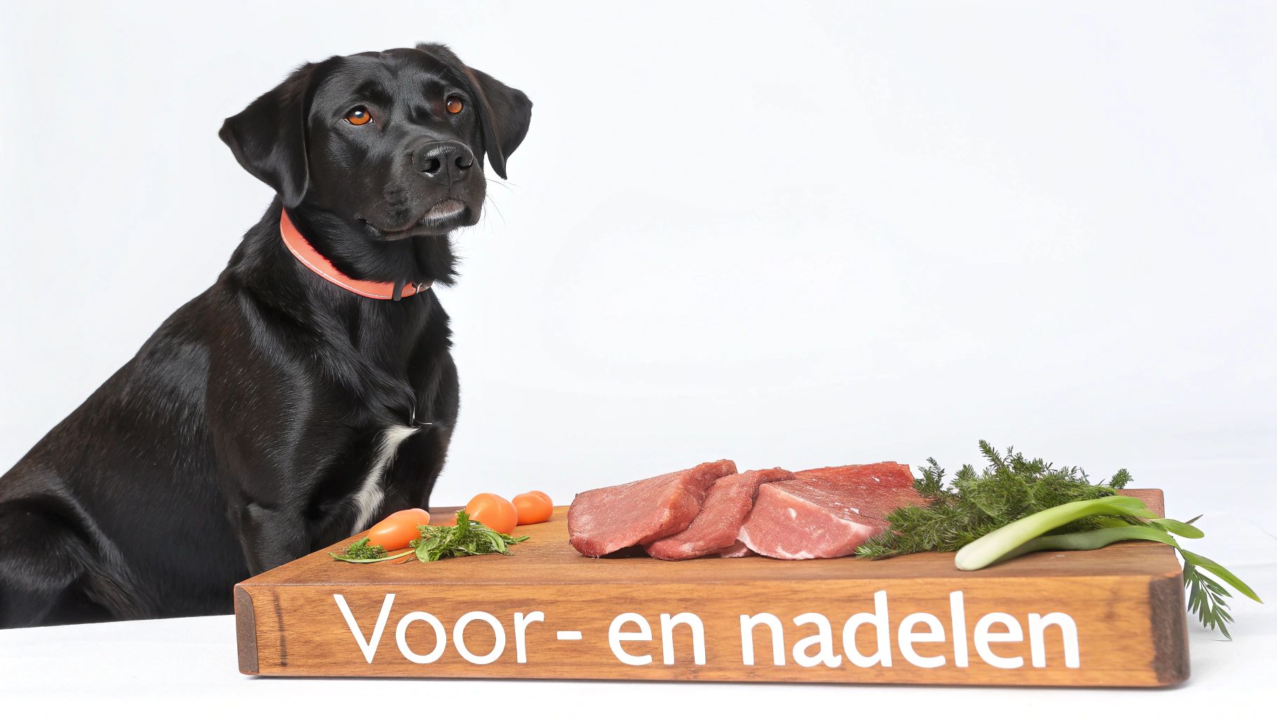 Een zwarte hond kijkt naar een snijplank met rauw vlees, wortels en kruiden.