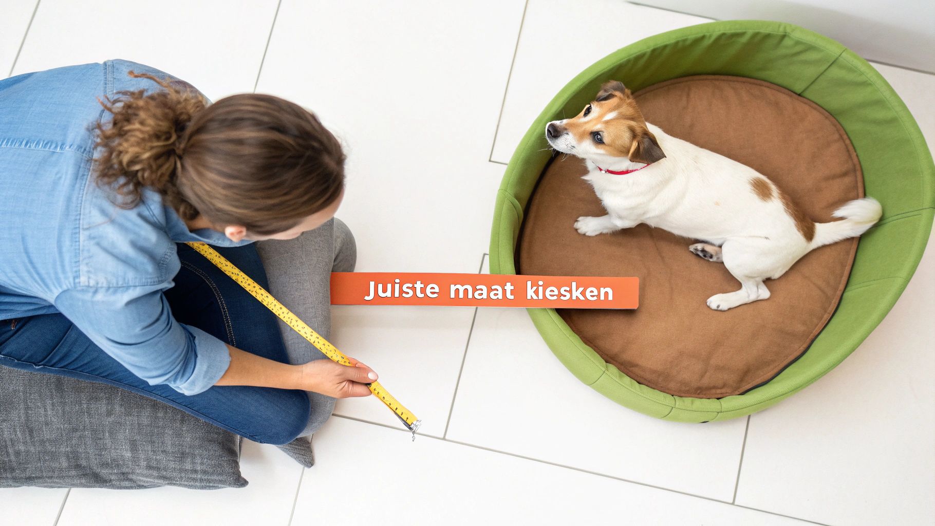 Een persoon meet de vloer met een meetlint naast een hond in een groene hondenmand, met de tekst 'Juiste maat kiezen'.