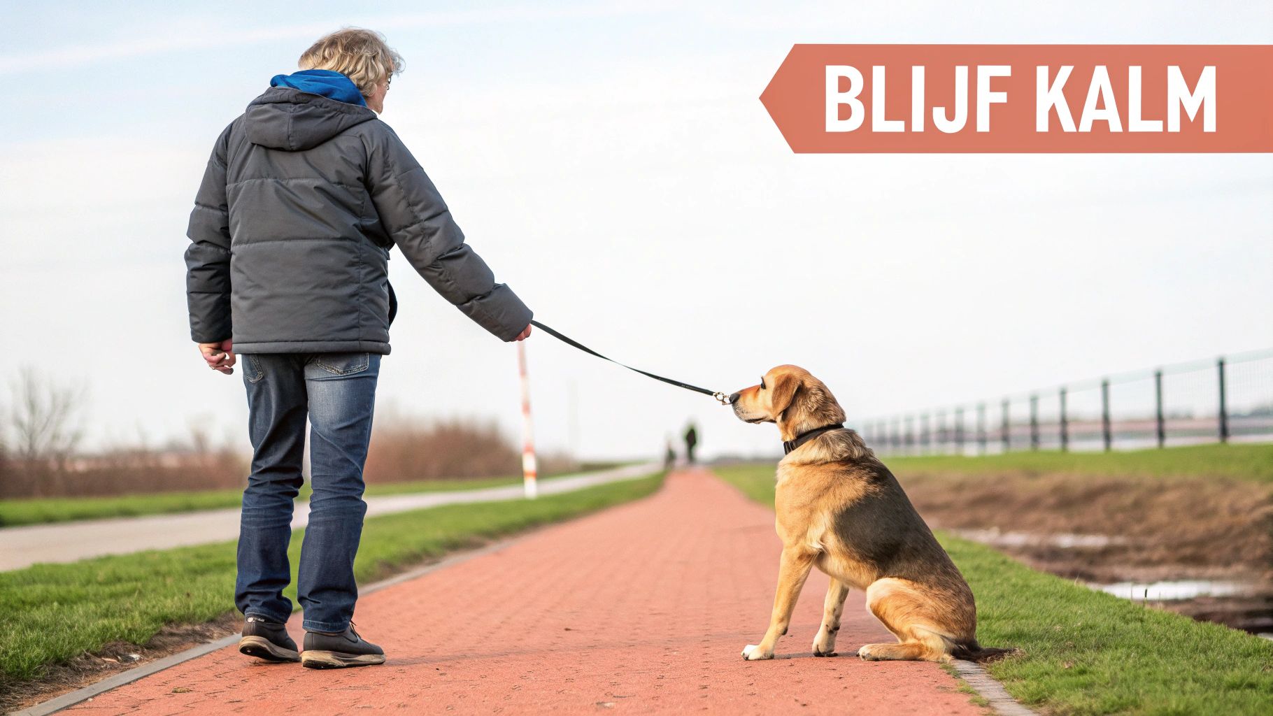 Een persoon houdt een rustige hond aan de lijn op een rood pad. De hond zit geduldig.
