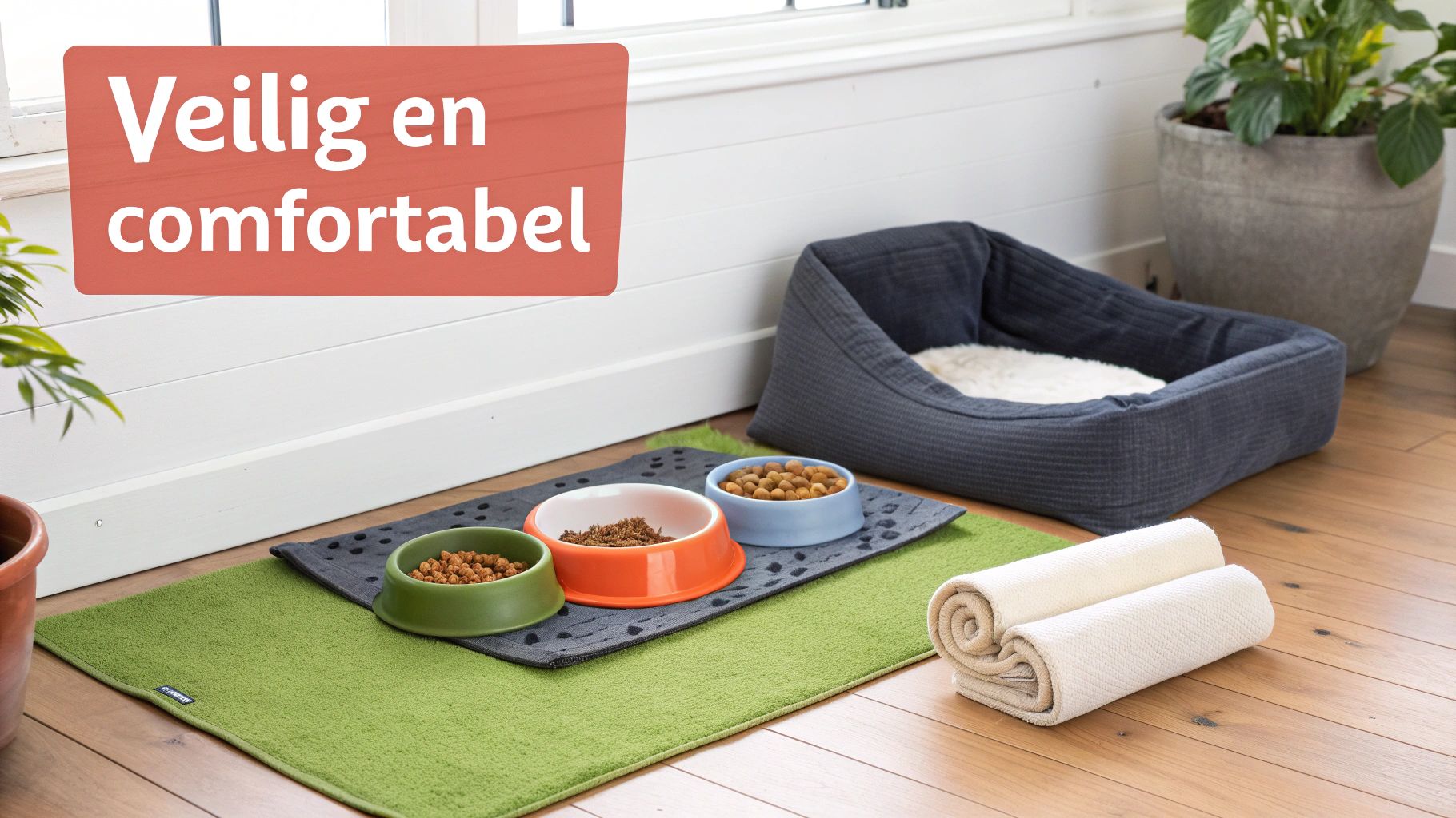Huisdierbenodigdheden: een comfortabel hondenbed, voerbakjes op matten, en handdoeken op een houten vloer.