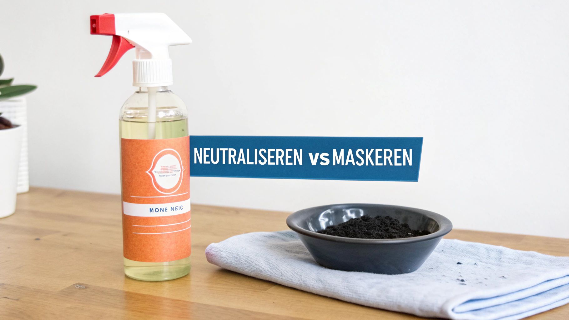 Afbeelding van een spuitfles en een kom met actieve kool, met de boodschap 'Neutraliseren vs Maskeren'.