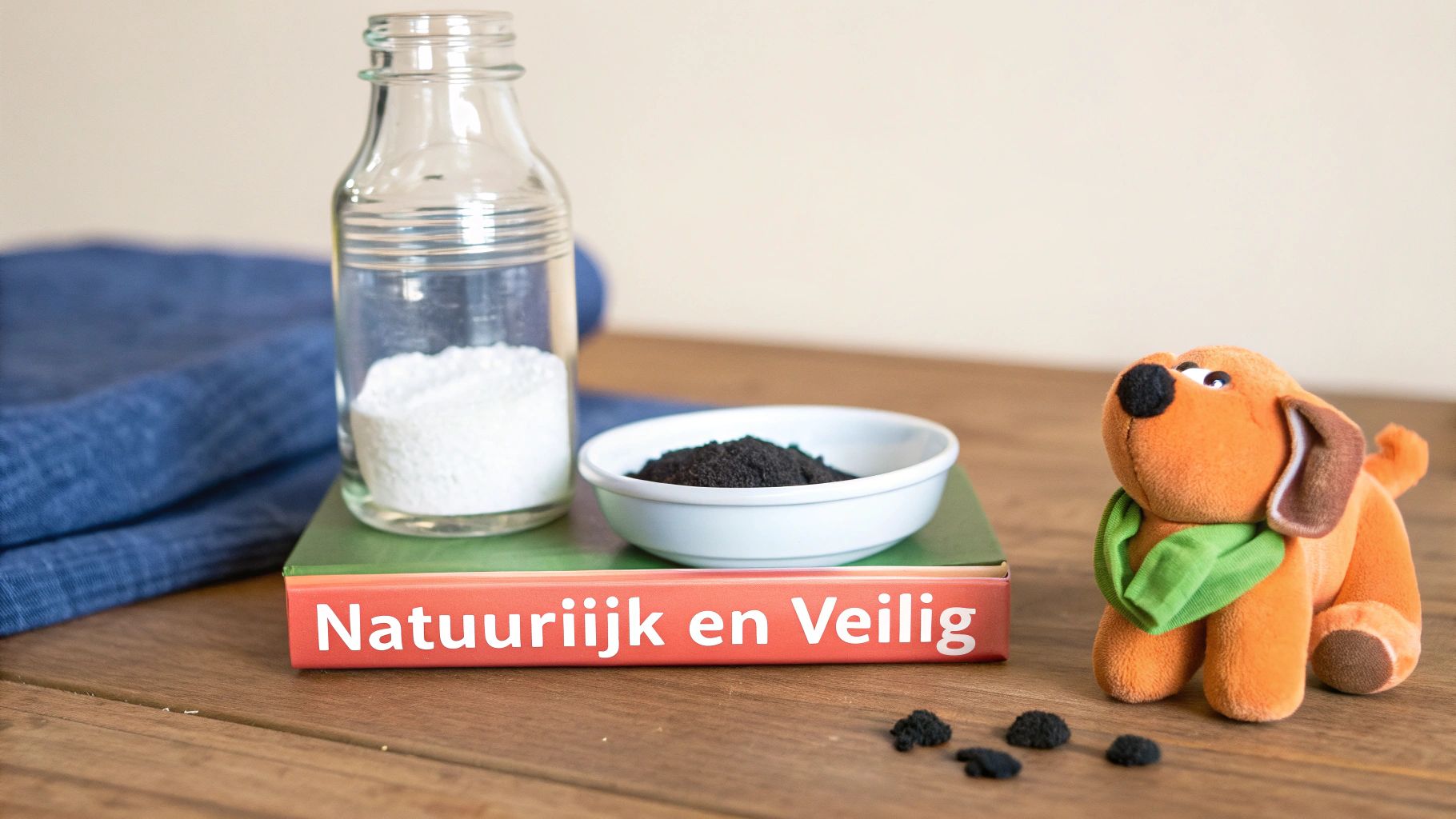 Fles met wit poeder, kom met zwart poeder, een boek 'Natuurlijk en Veilig' en een knuffelhond op een houten tafel.