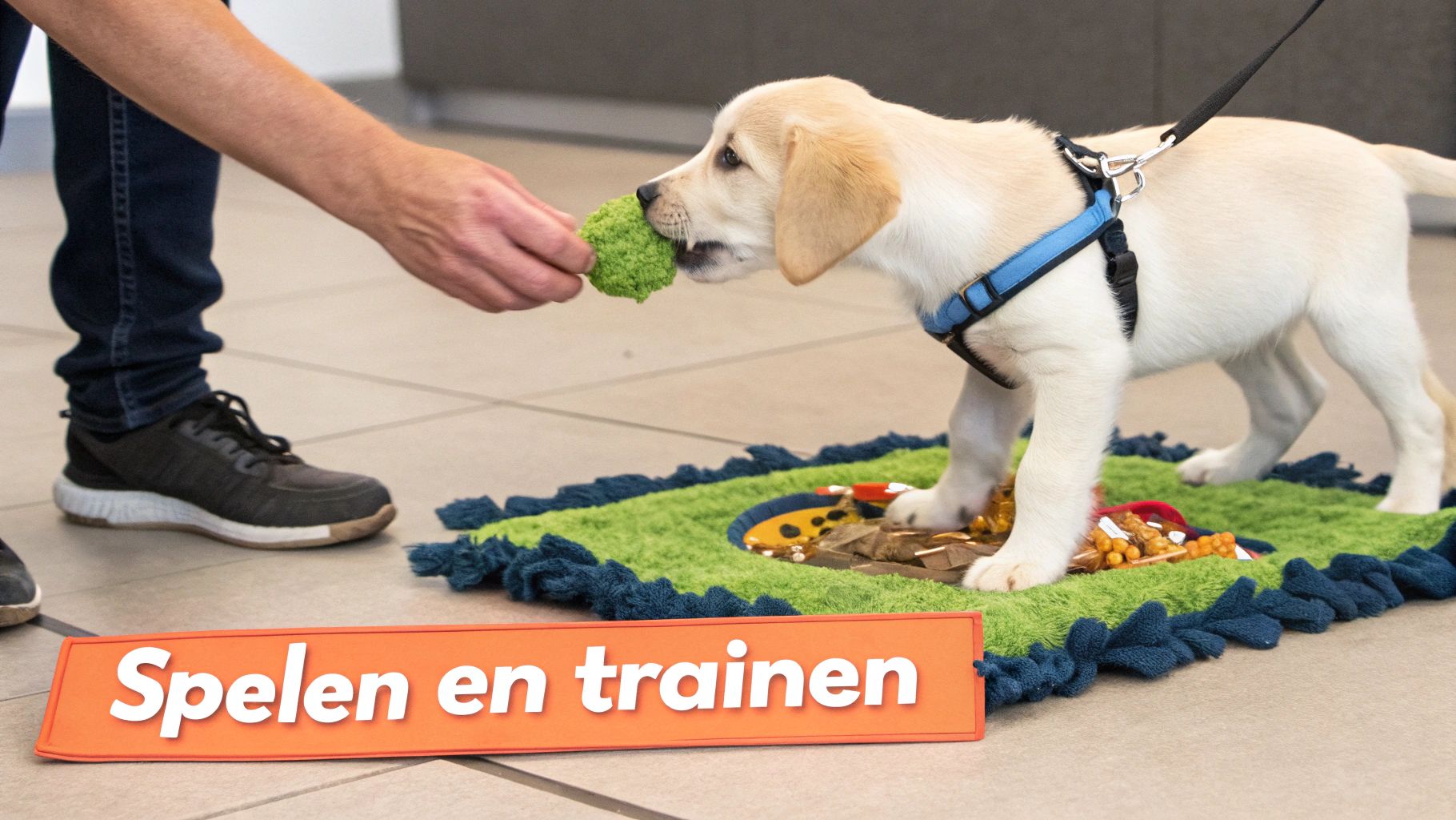 Een puppy met blauw tuigje speelt met een groen speeltje. Op de voorgrond staat een bord met 'Spelen en trainen'.
