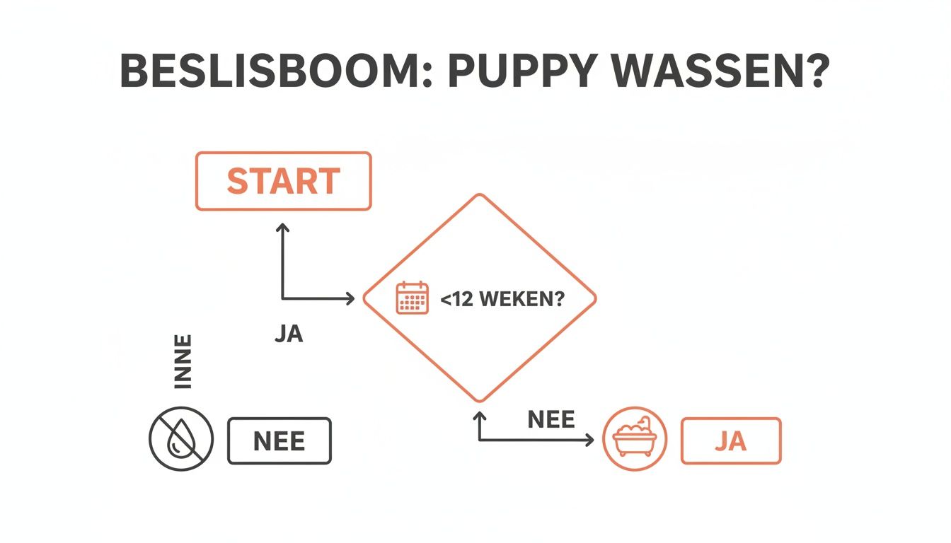Een beslisboom diagram dat de beslissing toont of een puppy gewassen moet worden, gebaseerd op de leeftijd van de puppy.