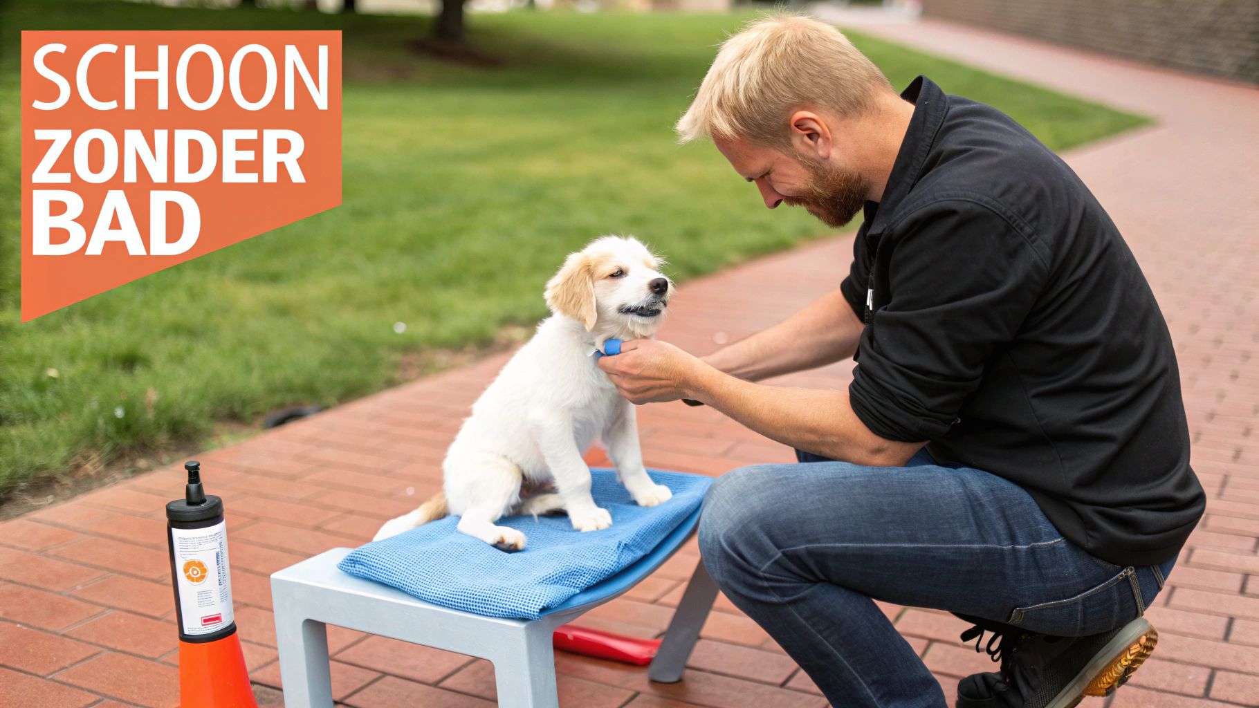 Een man verzorgt een schattige puppy die op een blauwe mat zit, met een 'Schoon Zonder Bad' boodschap op de achtergrond.