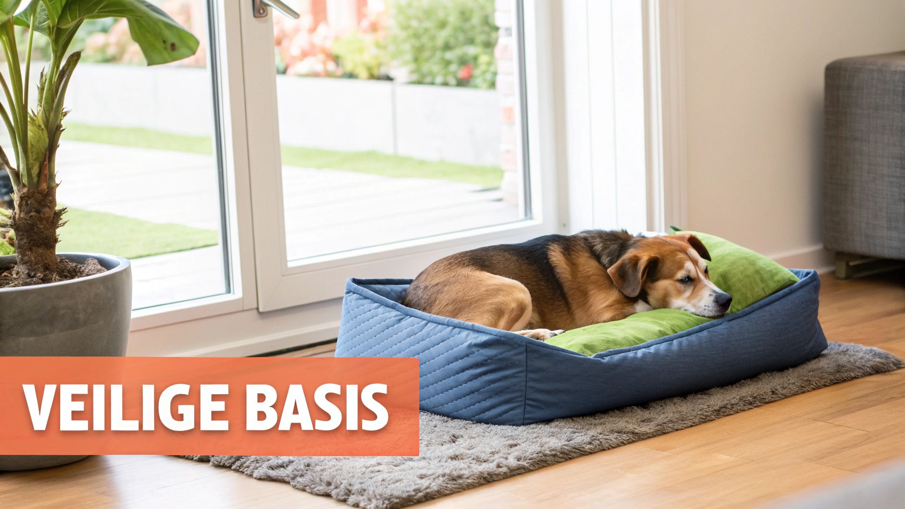 Een rustige hond slaapt comfortabel in een blauw hondenbed met groen kussen, naast een raam.