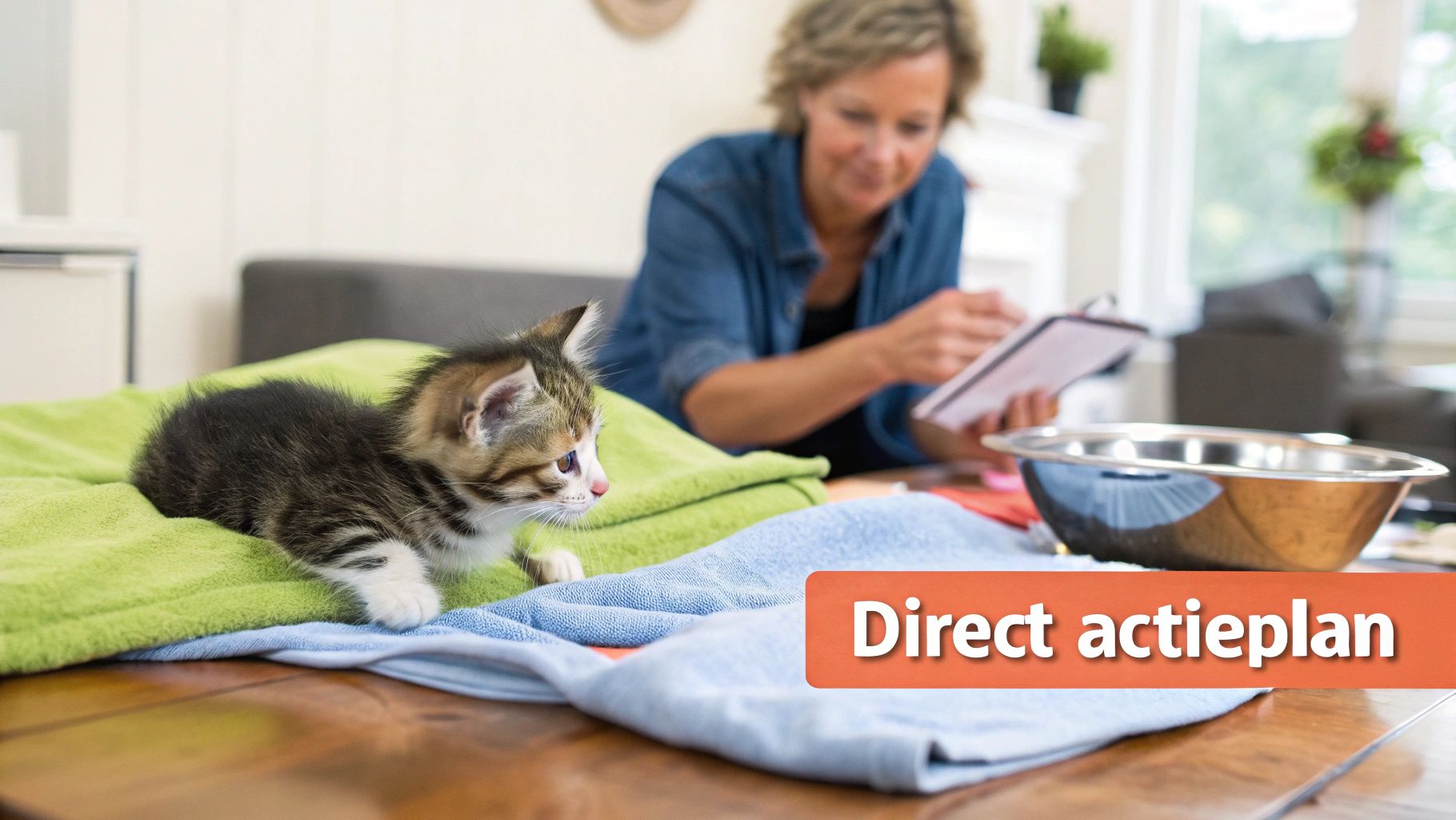 Een schattige gestreepte kitten ligt op groene en blauwe handdoeken, met een vrouw die een notitieblok vasthoudt.