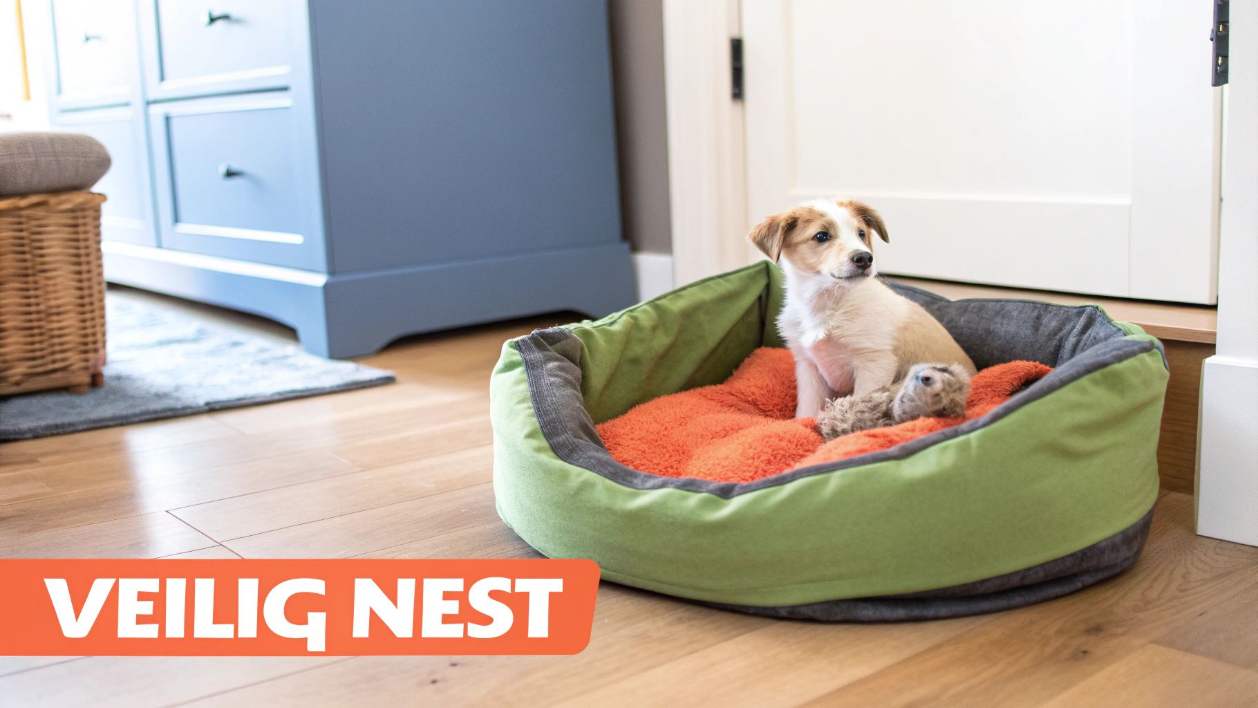 Een schattige puppy zit rustig in een groen-oranje hondenmand met een speeltje in een huiselijke setting.