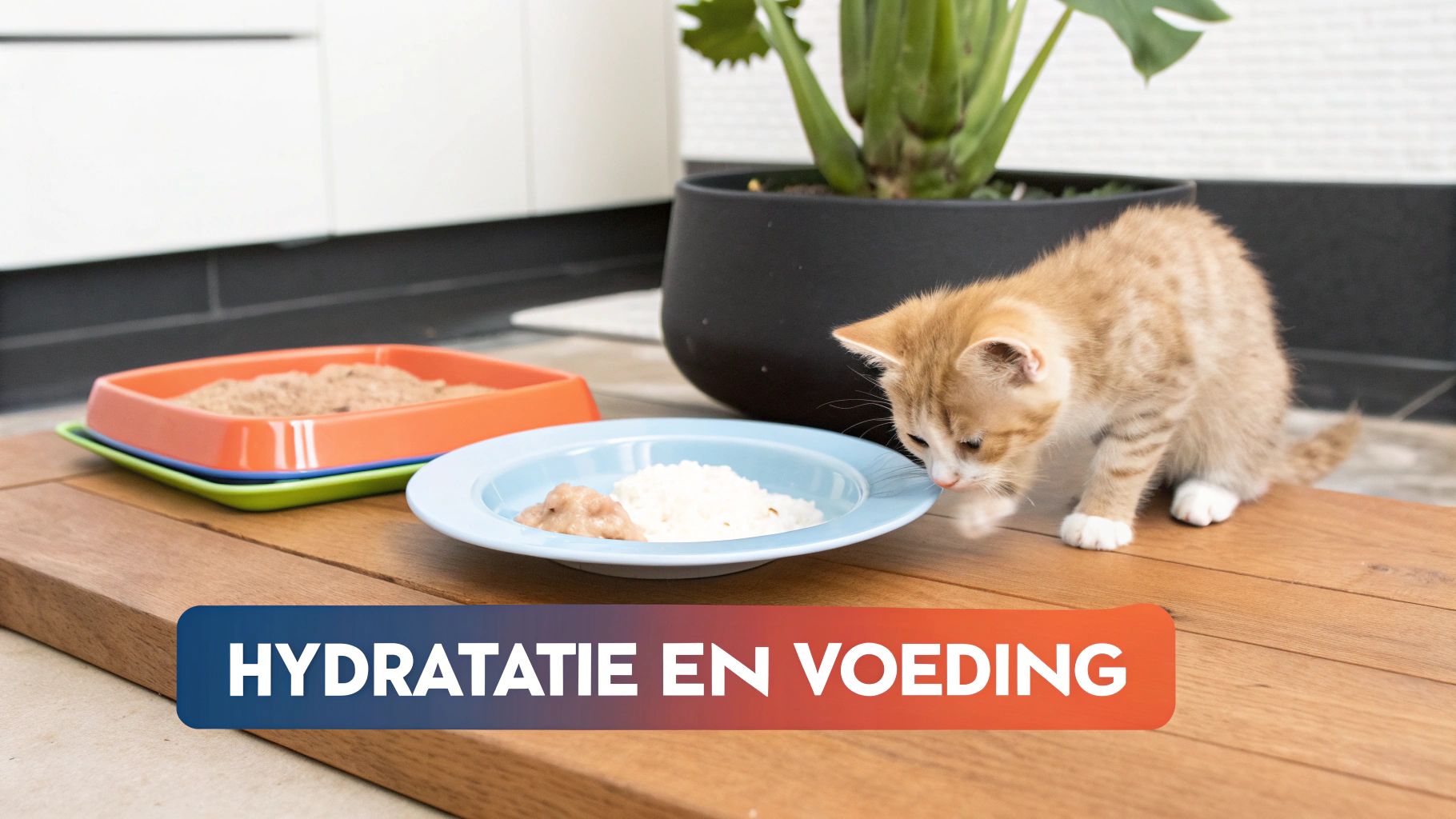 Een schattig kitten eet van een bord met rijst en natvoer, met een tekst over hydratatie en voeding.