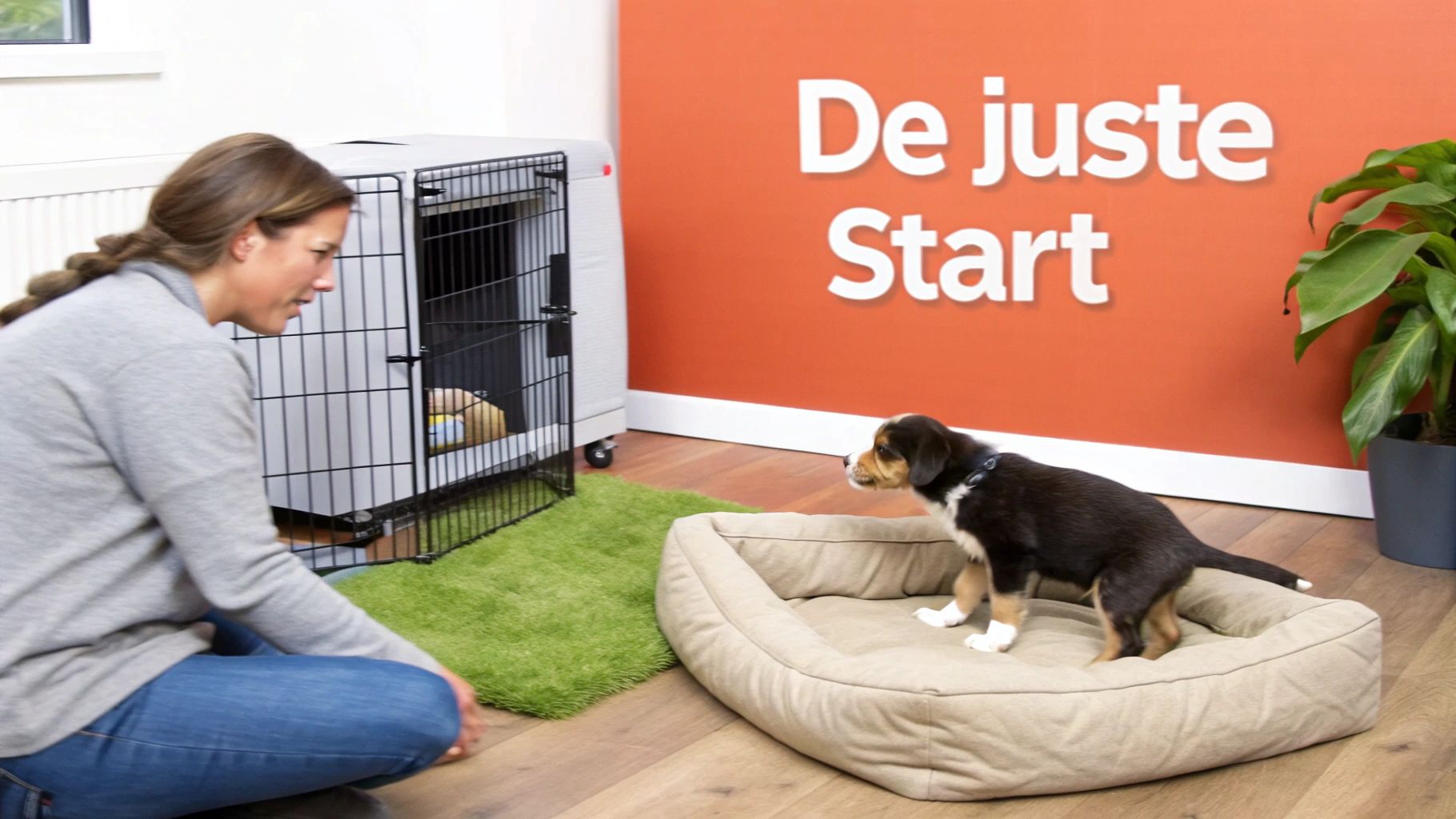 Een vrouw hurkt naast een puppy, die uit een hondenmand stapt. Achter hen staat een hondenbench en op de muur 'De juiste Start'.