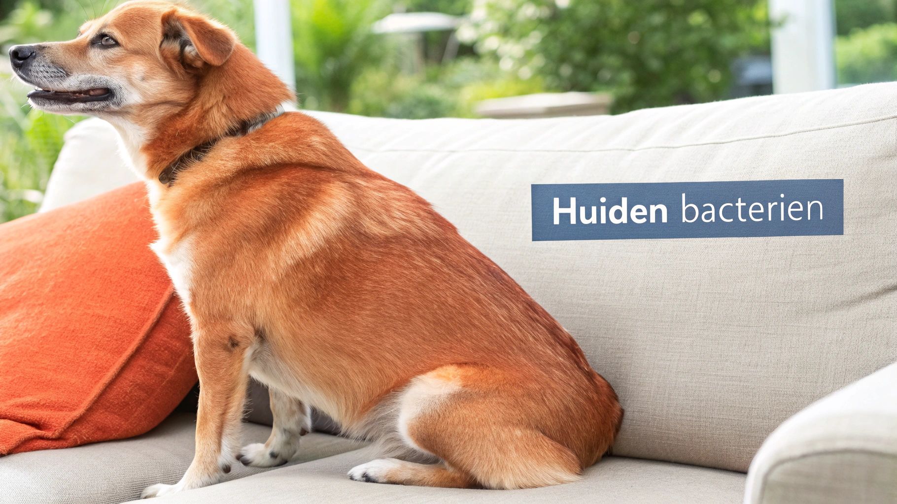 Een bruine hond zit ontspannen op een lichte bank naast een oranje kussen, met tekst 'Huiden bacteriën'.