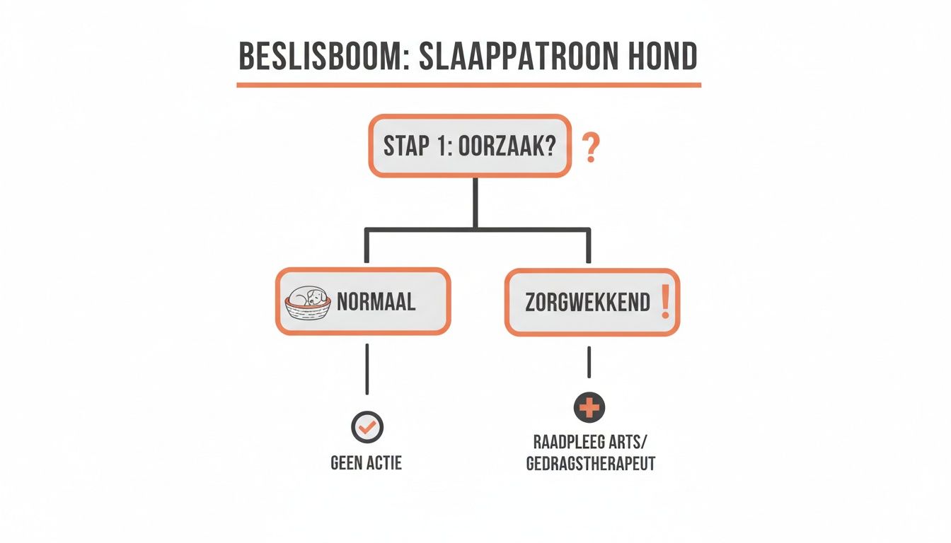 Beslisboom voor het slaappatroon van een hond: oorzaak identificeren, van normaal tot zorgwekkend.