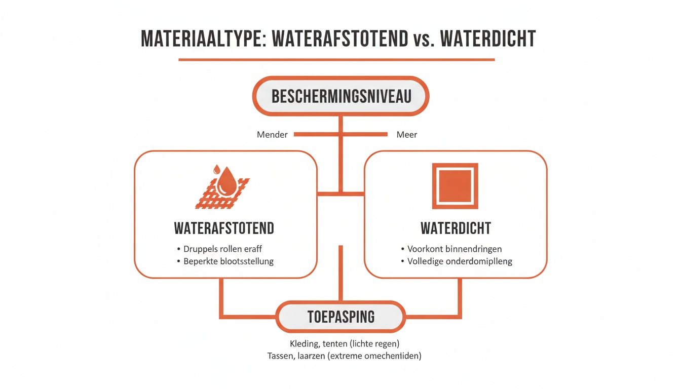 Infographic die het verschil uitlegt tussen waterafstotende en waterdichte materialen, inclusief beschermingsniveau en toepassingen.