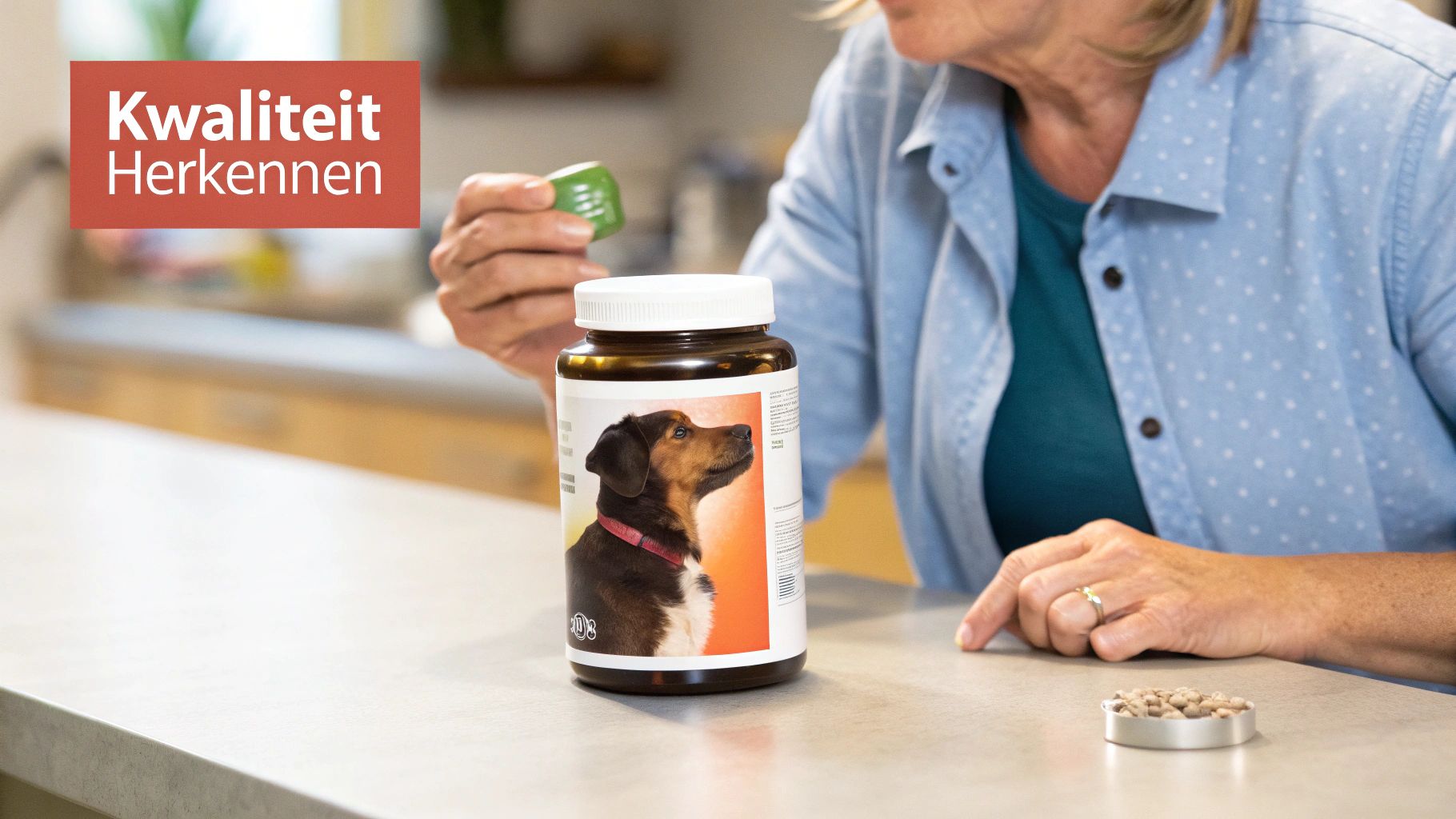 Vrouw bereidt hondensupplementen voor uit een fles, met hondenbrokjes en de tekst 'Kwaliteit Herkennen'.
