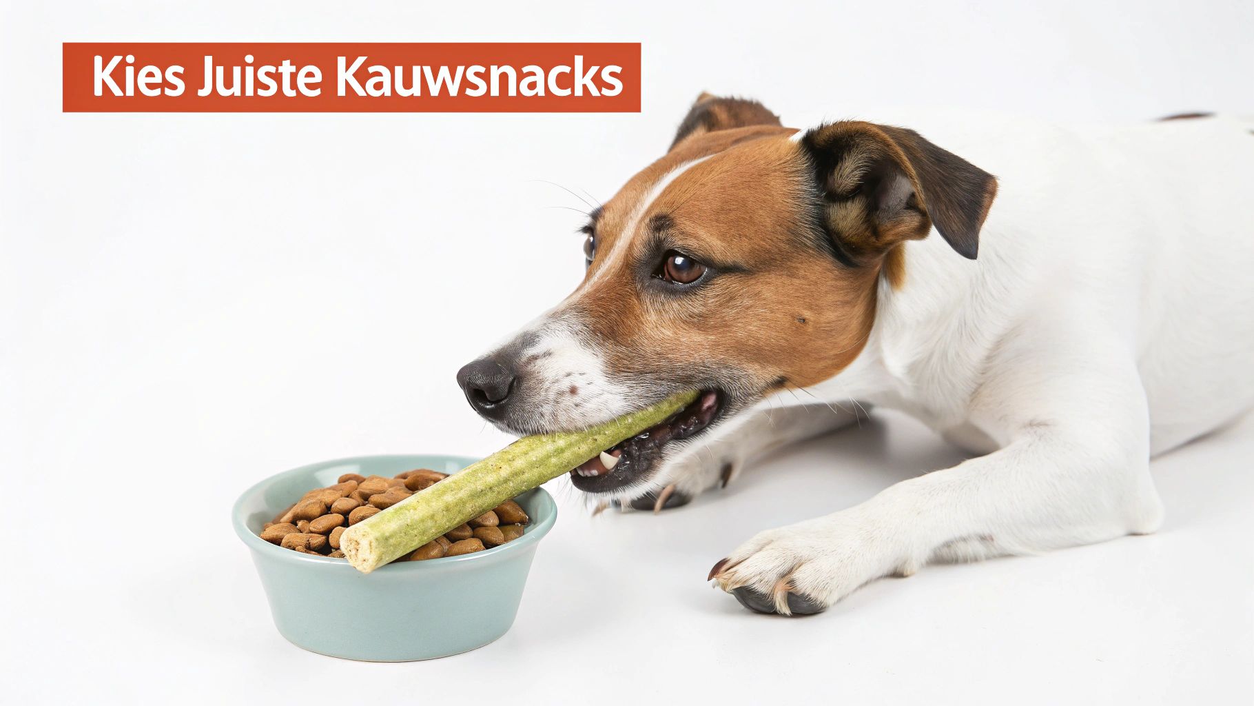 Een Jack Russell terriër kauwt op een groene kauwstaaf naast een voerbak met brokken, met de tekst 'Kies Juiste Kauwsnacks'.