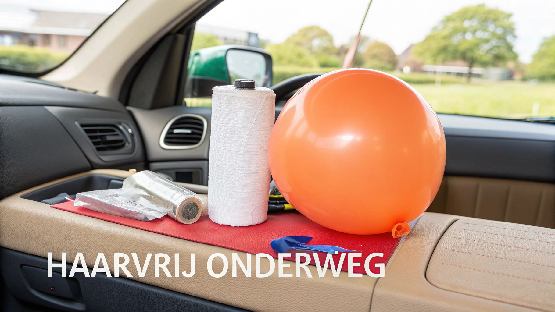 In een auto liggen een plakroller, een oranje ballon en andere benodigdheden voor het verwijderen van haar.