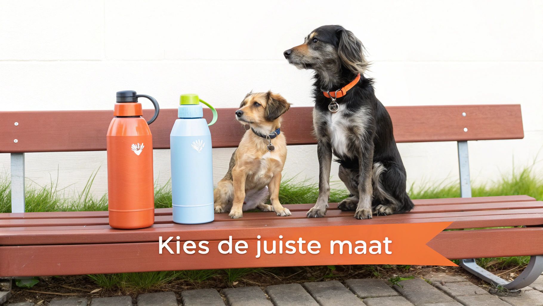Twee honden zitten op een houten bankje naast oranje en blauwe drinkflessen.