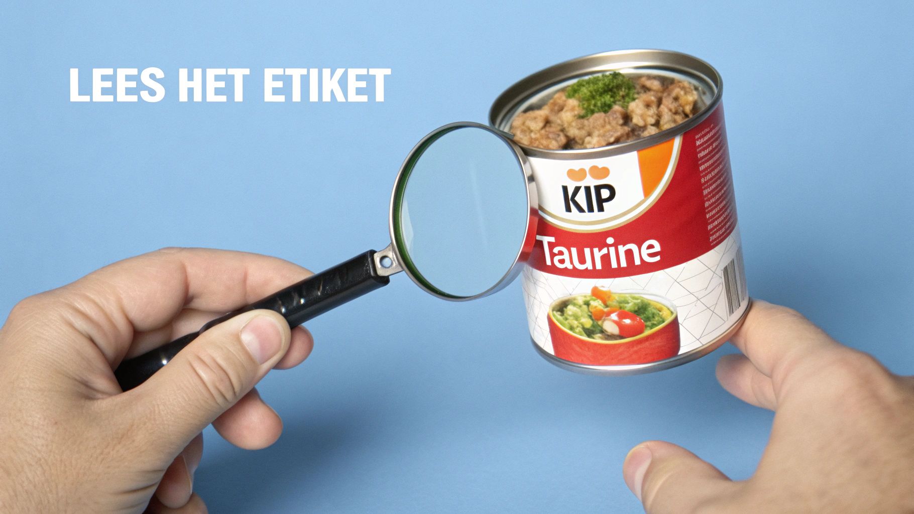 Een hand houdt een vergrootglas voor een blik kattenvoer met het opschrift 'LEES HET ETIKET'.