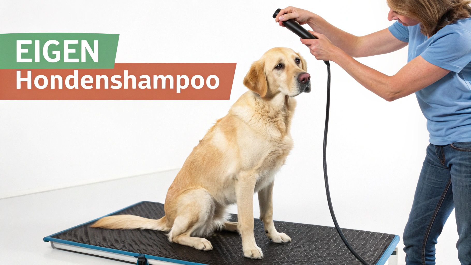 Vrouw wast een golden retriever hond met een douchekop op een verzorgingstafel, met de tekst 'EIGEN Hondenshampoo'.