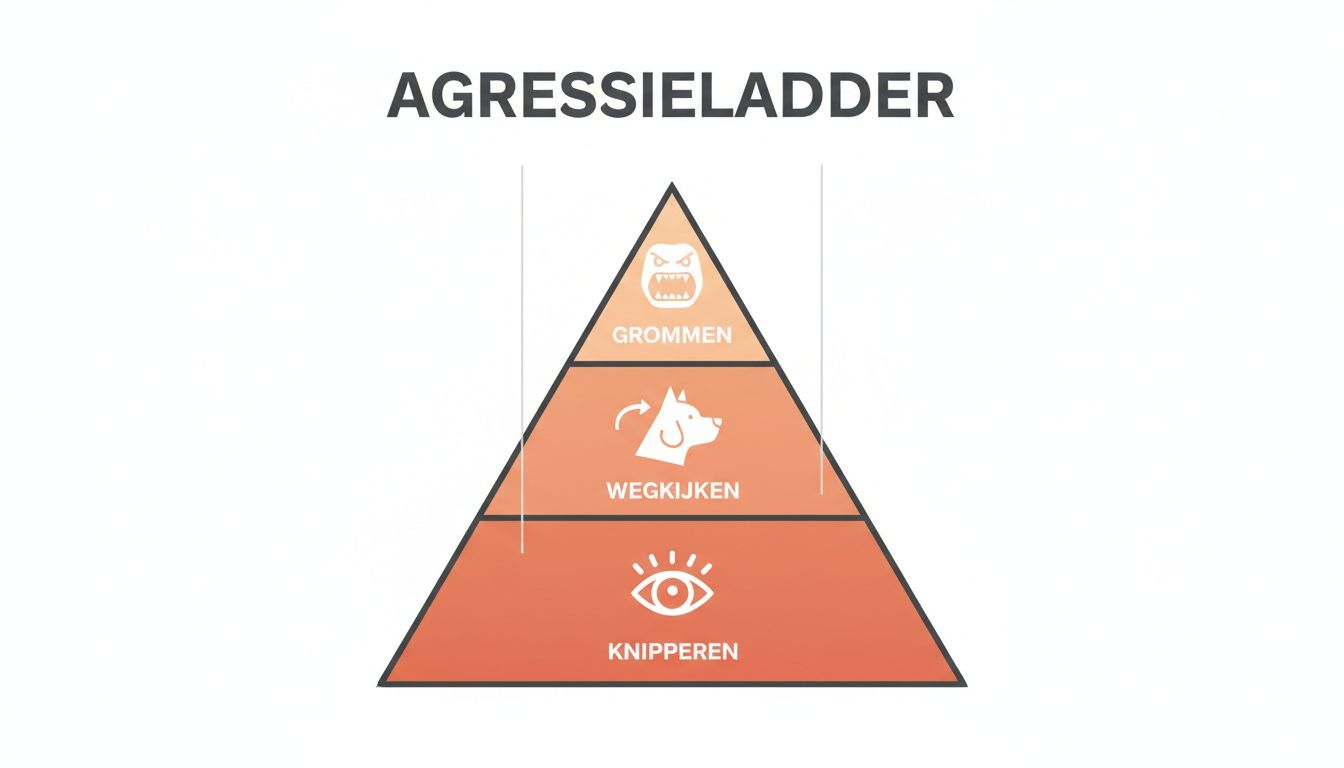 Een diagram genaamd 'Agressieladder' toont drie niveaus van hondenagressie: knipperen, wegkijken en grommen.