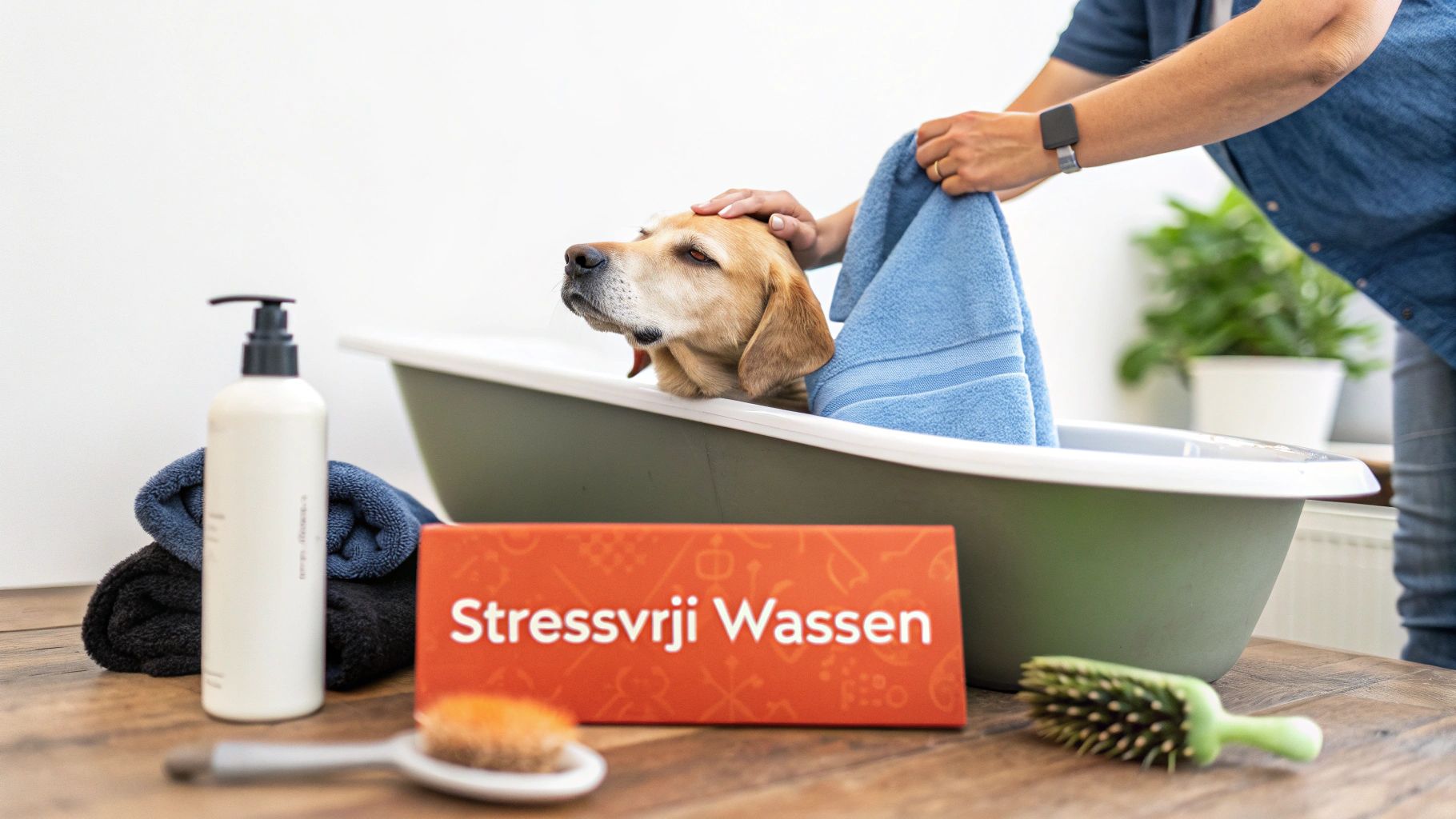 Een golden retriever wordt rustig gewassen en gedroogd in een badkuip, met shampoo en handdoeken.