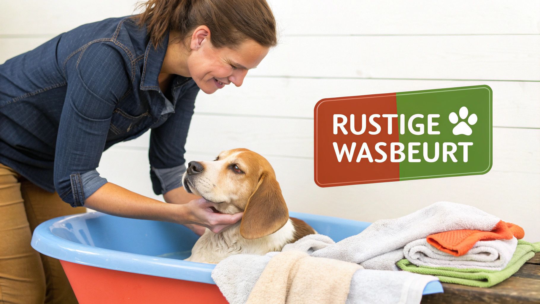 Een vrouw lacht terwijl ze een beagle in een blauw-oranje bad wast, met schone handdoeken op de tafel.