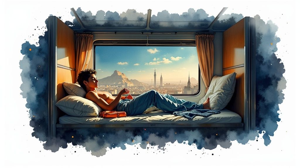 Viajera mirando por la ventana de un tren nocturno en su Interrail Viajera mirando por la ventana de un tren nocturno en su Interrail