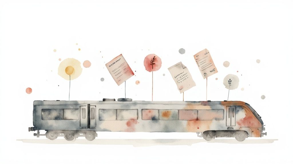 Una persona revisando su presupuesto con un mapa y billetes de tren