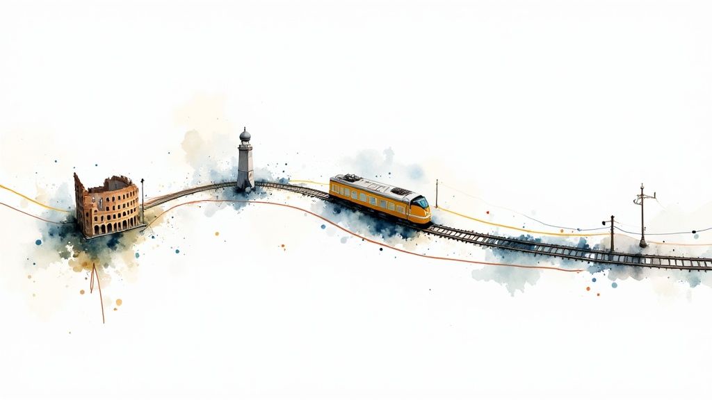 Paisaje montañoso visto desde la ventana de un tren nocturno durante un viaje de Interrail Paisaje montañoso visto desde la ventana de un tren nocturno durante un viaje de Interrail