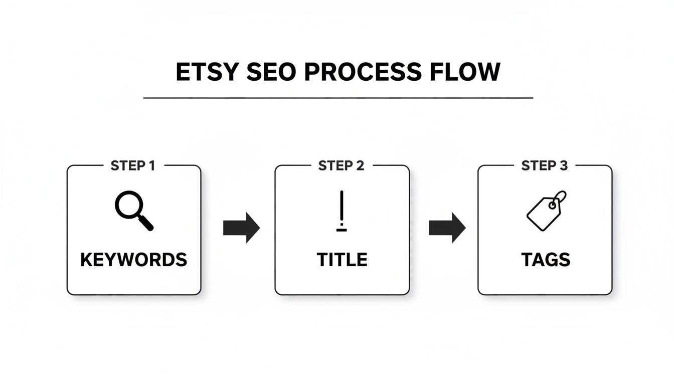 Flowchart illustrating the Etsy SEO process, focusing on keywords, title, and tags.