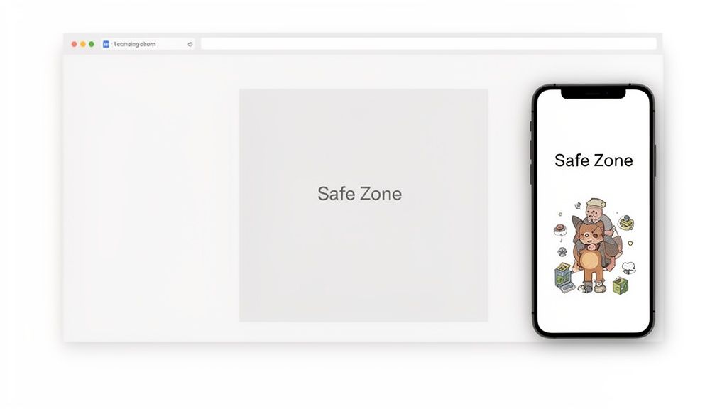 A browser window and a smartphone both displaying 'Safe Zone' text, with an illustration on the phone.