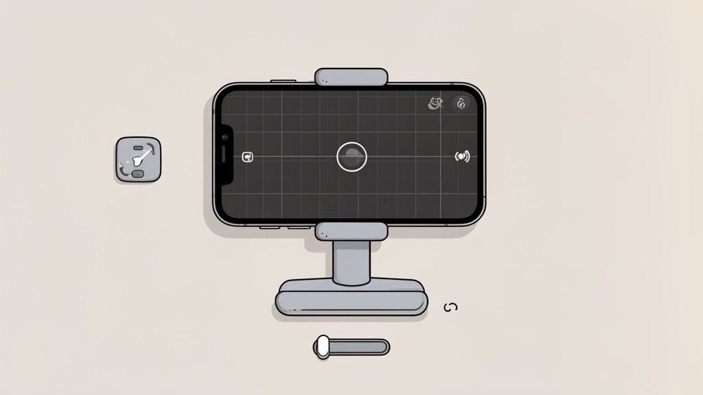 A flat lay illustration of a smartphone on a stand with camera app, a remote dial, and slider.
