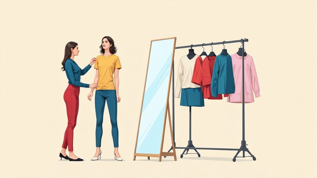 A styled outfit of jeans and a sweater hanging on a wall with other fashion items.