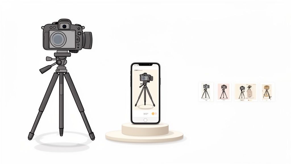 Illustration of a camera on a tripod next to a smartphone displaying similar product options.