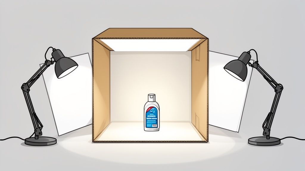 DIY product photography setup with a cardboard light box, two lamps, reflectors, and a product bottle.
