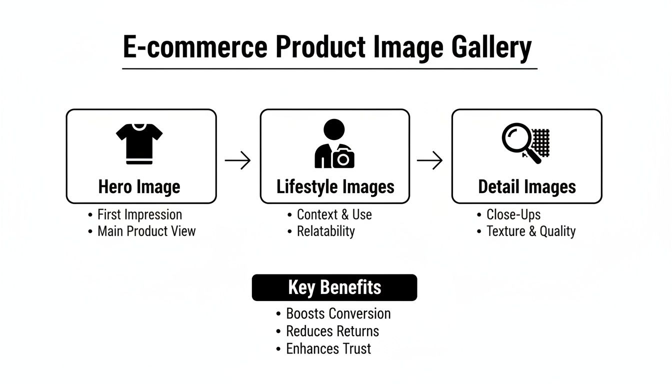 Diagram illustrating an e-commerce product image gallery workflow: Hero, Lifestyle, and Detail images, highlighting key benefits.