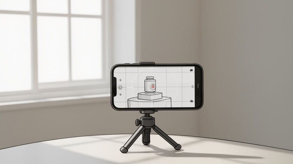 A smartphone on a tripod is set up to photograph a product bottle on pedestals in a bright room with a window.