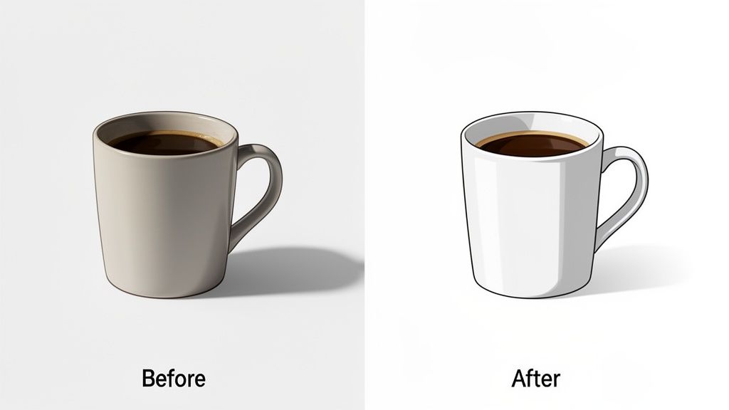 A comparison of a realistic beige coffee mug and its simplified white cartoon version.