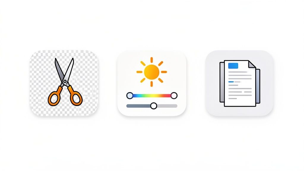 Three app icons representing photo editing tools: scissors, color/brightness adjustments, and document editing features.