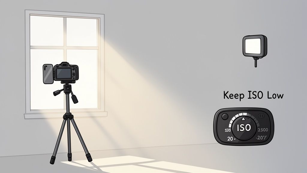 A camera on a tripod with natural window light, an LED light, and an ISO dial for low settings.