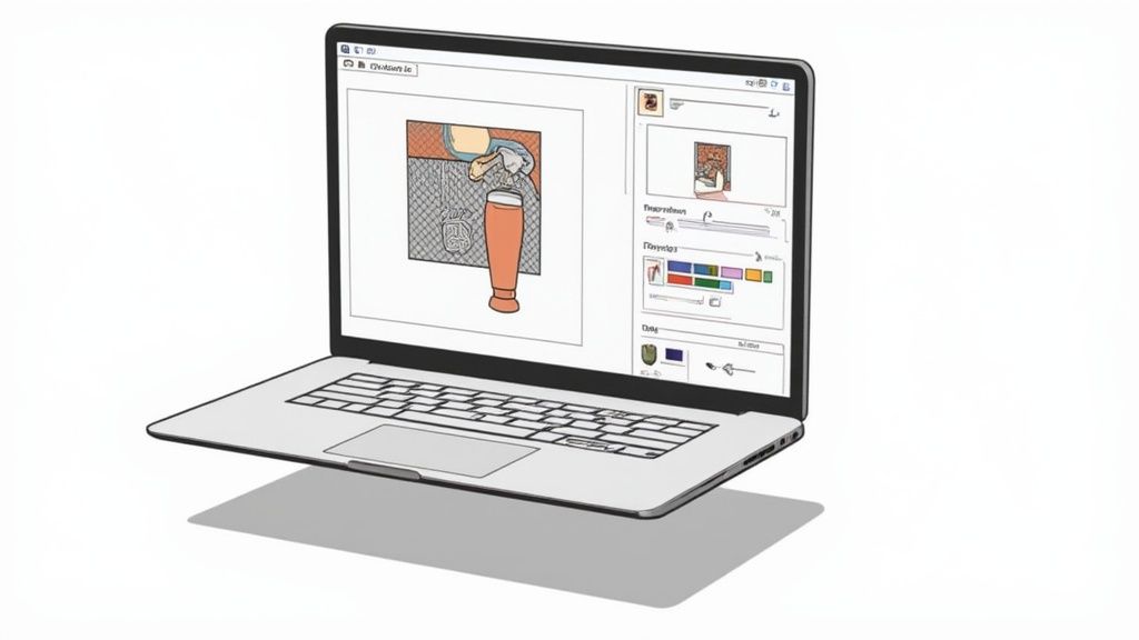 A person editing a product photo on a computer screen, showing the interface of a photo editing software.