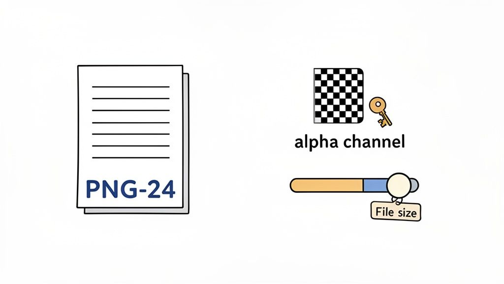 An illustration showing a PNG-24 file, an alpha channel icon, and a file size indicator.